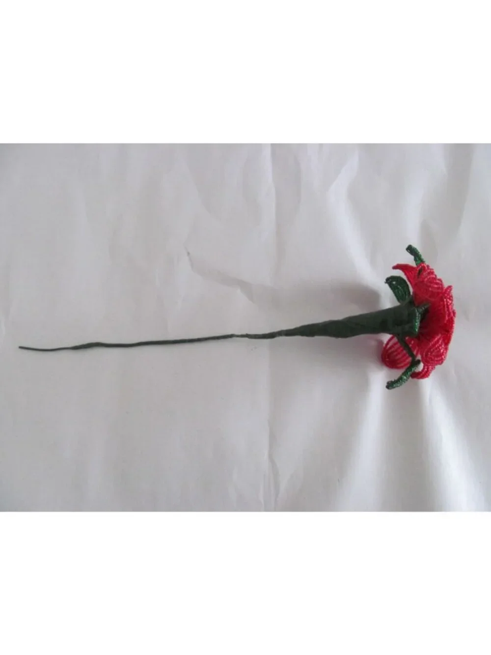 Handcrafted Red & Green French Beaded Flower with Stem Home Decor Gift 11 inch